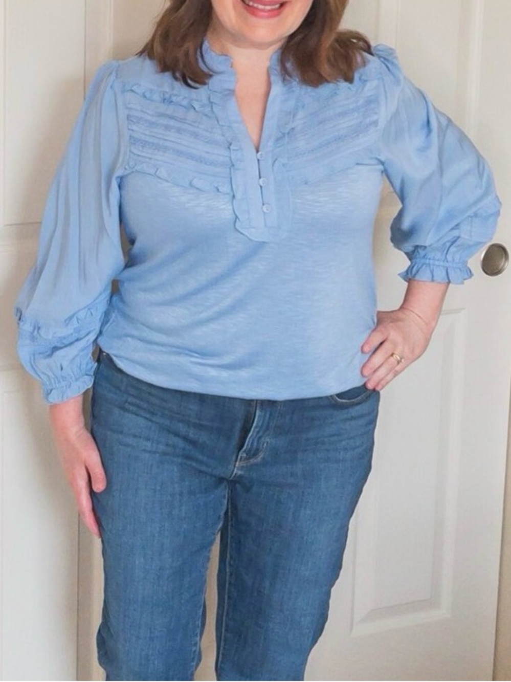 Democracy Light Blue Ruffle Henley Blouse